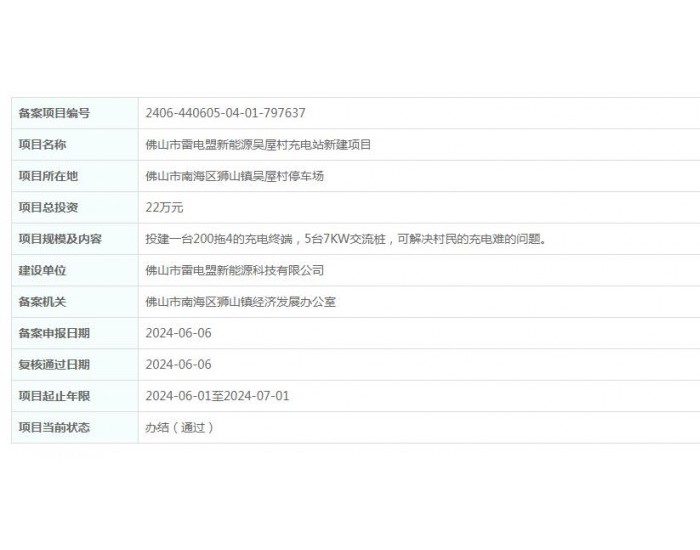 广东佛山市雷电盟新能源吴屋村充电站新建项目获备案