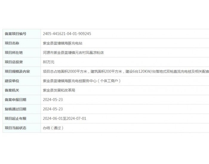 广东紫金县蓝塘镇海豚充电站项目获备案