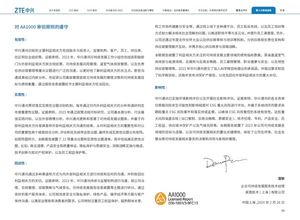 TÜV莱茵为中兴通讯2023可持续发展报告出具报告鉴证声明