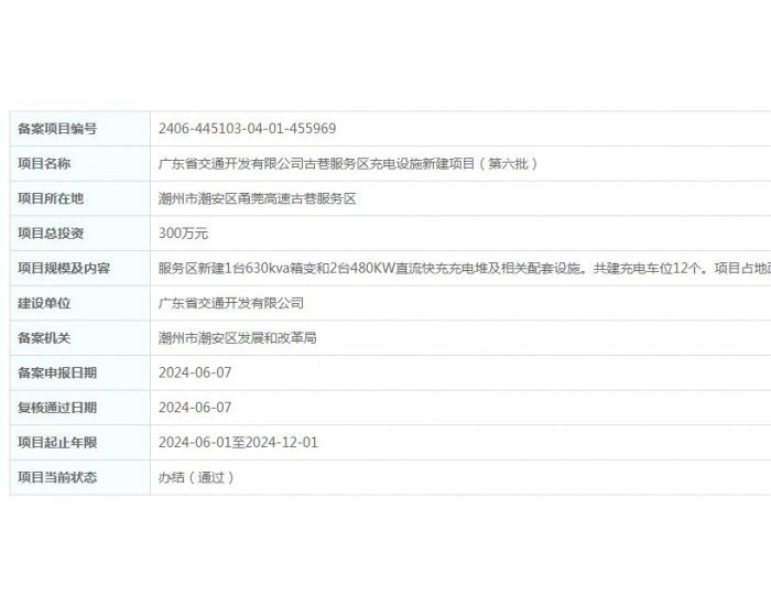 广东省交通开发有限公司古巷服务区<em>充电设施</em>新建项目（第六批）获备案