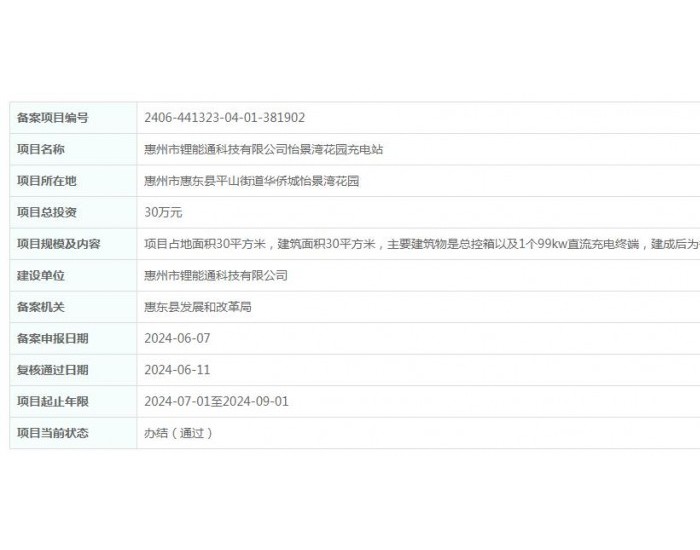 广东惠州<em>市</em>锂能通科技有限公司怡景湾花园充电站获备案