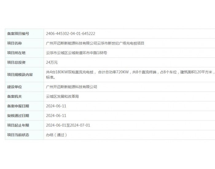 广东广州开迈斯新能源科技有限公司云浮市新<em>世纪</em>广场充电桩项目获备案