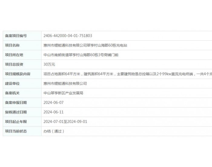 广东惠州市锂能通科技有限公司翠亨村<em>山海</em>郡60栋充电站项目获备案