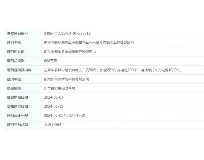 广东新丰县<em>新能源汽车</em>电动摩托车充电桩及自助洗车机建设项目获备案