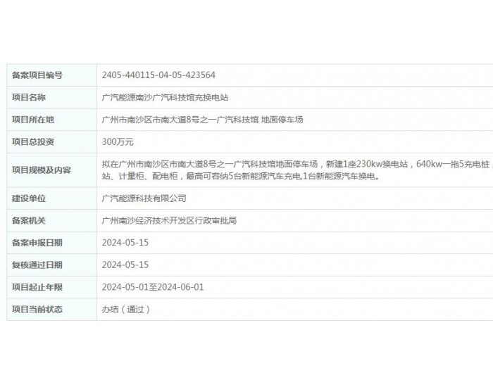 广汽能源广东南沙广汽科技馆充换电站项目获备案