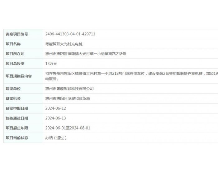 <em>粤</em>能智联广东惠州大光村充电桩项目获备案