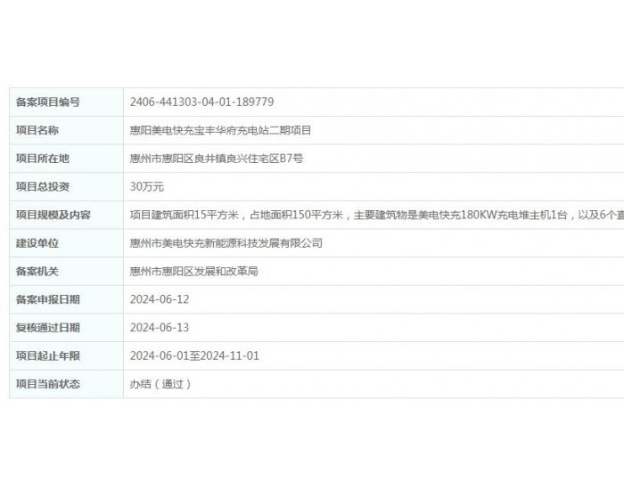 广东惠州惠阳<em>美电快充</em>宝丰华府充电站二期项目获备案