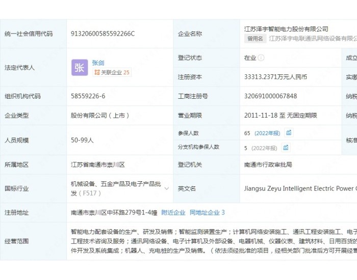 江苏泽宇智能电力股份有限公司注册资本发生变更