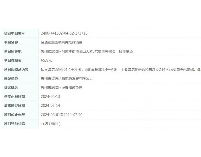 广东惠州晋通达奥园领寓充电站项目获备案