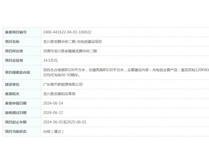 广东龙川县龙腾华府二期充电桩建设项目获备案