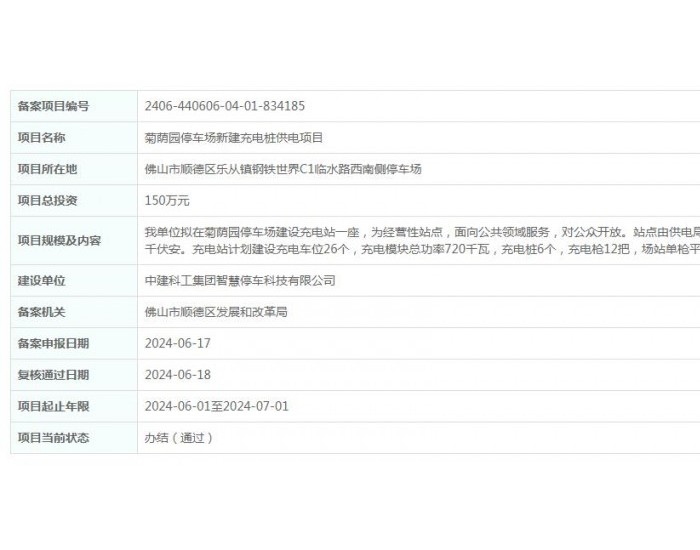 广东佛山菊荫园停车场新建充电桩<em>供电</em>项目获备案