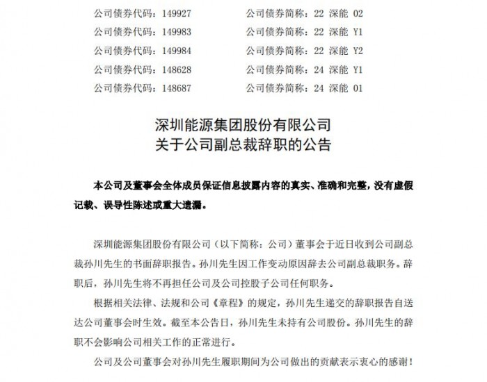 深圳能源发布关于公司副总裁辞职的公告