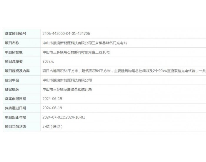 <em>广东中山</em>市搜搜新能源科技有限公司三乡镇易峰名门充电站项目获备案