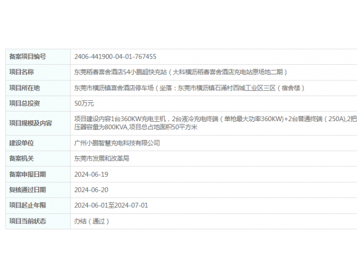 广州小鹏智慧充电科技有限公司东莞稻香喜舍酒店S4小鹏超<em>快充站</em>项目获备案