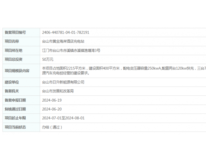 广东台山市日升新能源有限公司台山市黄金海岸<em>酒店</em>充电站项目获备案