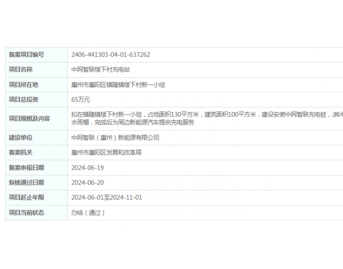 中网智联（惠州）新能源有限公司中网智联<em>楼下</em>村充电站项目获备案