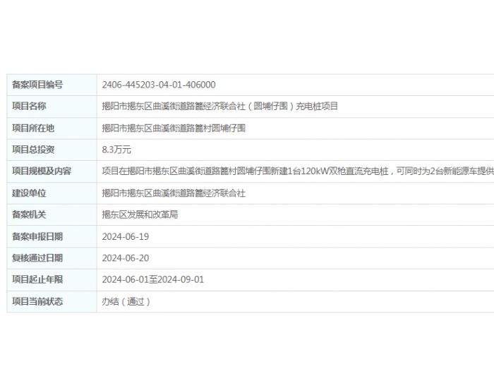 广东市揭阳市揭东区曲溪街<em>道路</em>篦经济联合社（圆埔仔围）充电桩项目获备案