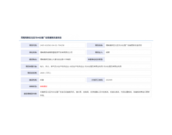 陕西渭南高新区北区<em>污水处理厂</em>设备更新改造项目获备案