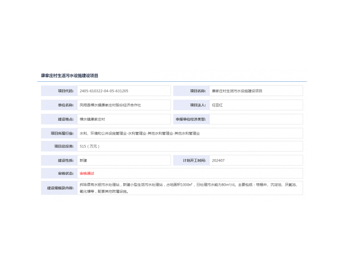 陕西康家庄村<em>生活污水</em>设施建设项目获备案