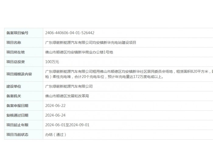 广东绿箭<em>新能源汽车</em>有限公司均安镇新华充电站建设项目获备案