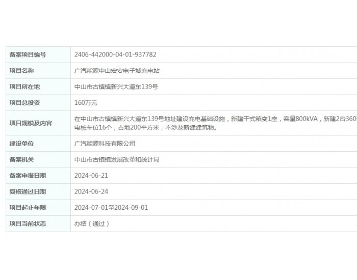 <em>广汽能源</em>广东中山宏安电子城充电站项目获备案
