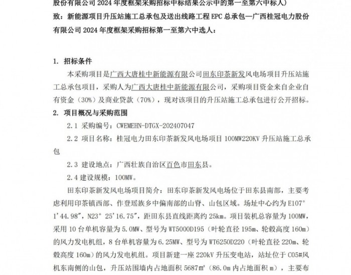 招标 | 桂冠电力2024年广西风电项目220kV升压站施工总承包第二阶段采购招标