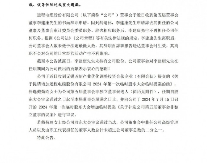 远程股份：李建康辞去公司董事及董事会审计委员会