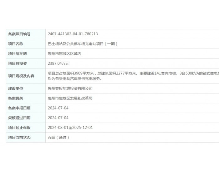 总投资2387.04万！广东惠州巴士场站及<em>公共停车场</em>充电站项目（一期）获备案
