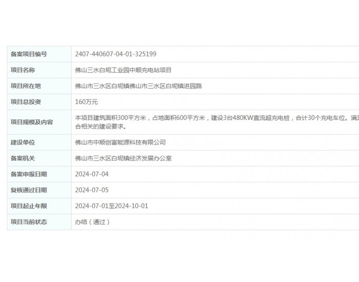 广东佛山三水白坭<em>工业</em>园中顺充电站项目获备案