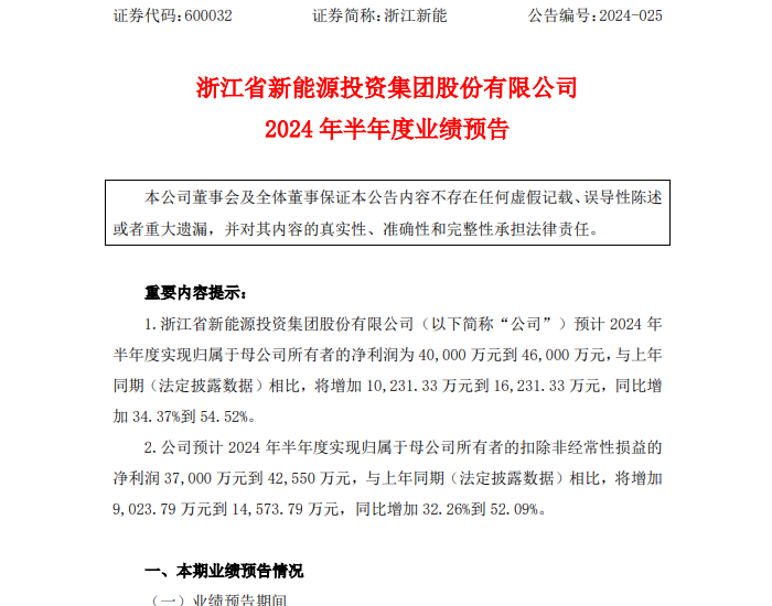 浙江新能2024年半年度业绩预告：净利润同比预增34