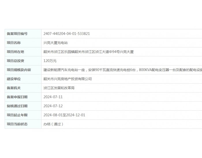 广东韶关兴亮大厦充电站项目获备案