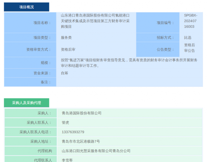 招标 | 山东青岛氢能港口关键技术集成及示范项目第三方财务审计<em>采购项目招标</em>