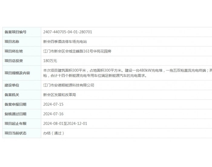 新会四季<em>酒店</em>停车场充电站项目获备案