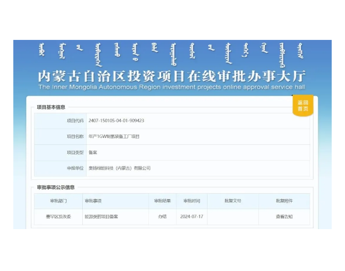 奥扬绿能科技（内蒙古）有限公司年产1GW<em>制氢装备</em>工厂项目获备案