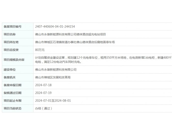 广东佛山市永雄新能源科技有限公司德徕酒店超<em>充电站项目</em>获备案。