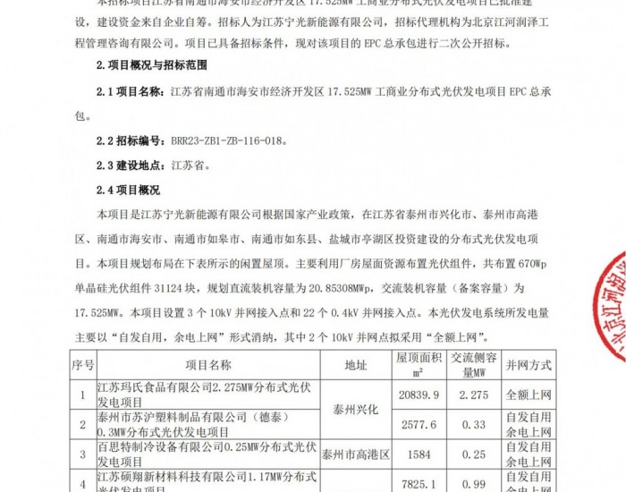 招标 | 20.85MW！中核江苏海安经济开发区<em>工商业分布式</em>光伏发电项目EPC总承包招标