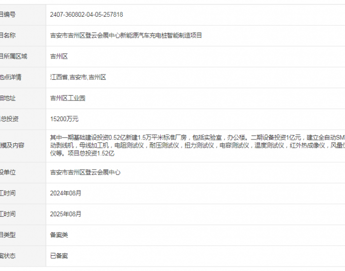 总投资1.52亿元！江西省吉安市吉州区登云会展中心新能源<em>汽车充电桩</em>智能制造项目获备案