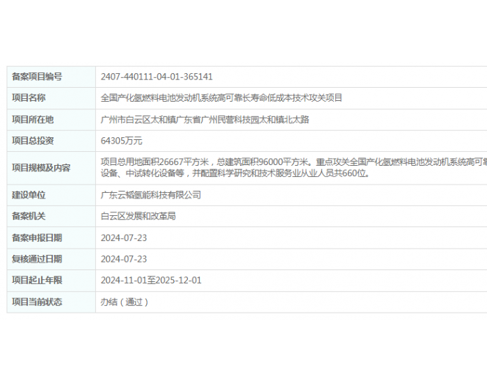 广东云韬氢能科技有限公司全国产化氢燃料电池发动机系统高可靠长寿命低成本<em>技术攻关</em>项目获备案