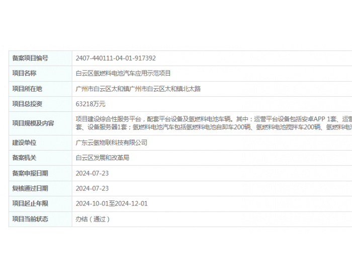 广东云氢物联科技有限公司白云区<em>氢燃料电池</em>汽车应用示范项目获备案