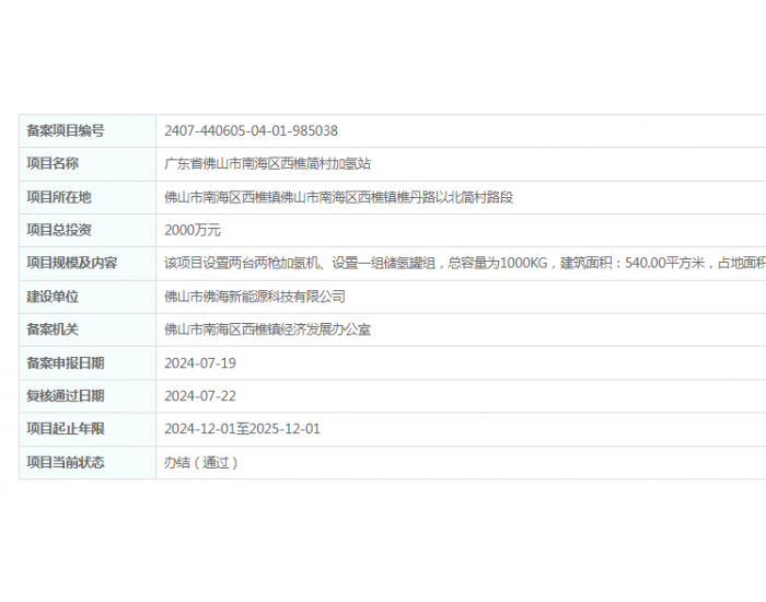 佛山市佛海新能源科技有限公司广东省佛山市南海区西樵简村<em>加氢站项目</em>获备案