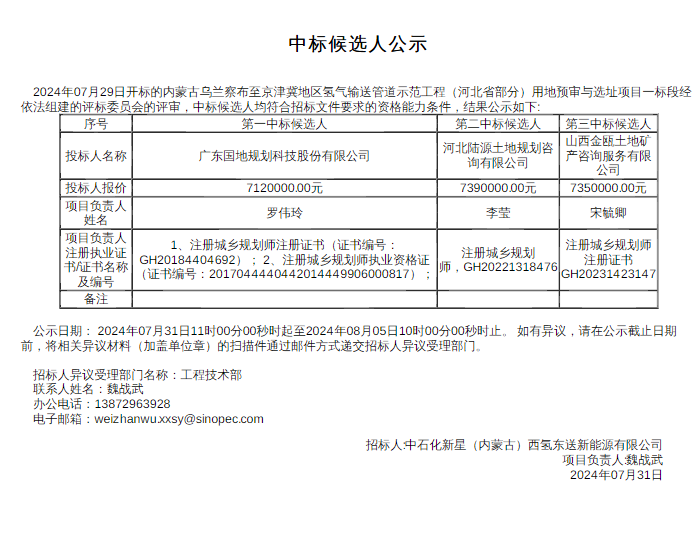 中标 | 内蒙古乌兰察布<em>氢气输送管道</em>示范工程（河北省部分）用地预审与选址项目一标段中标候选人公示