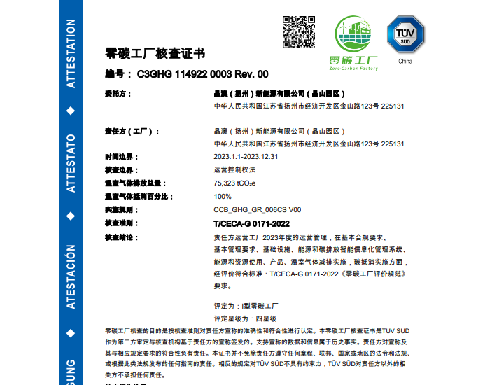 晶澳科技扬州基地（晶山园区）获TÜV零碳工厂认证