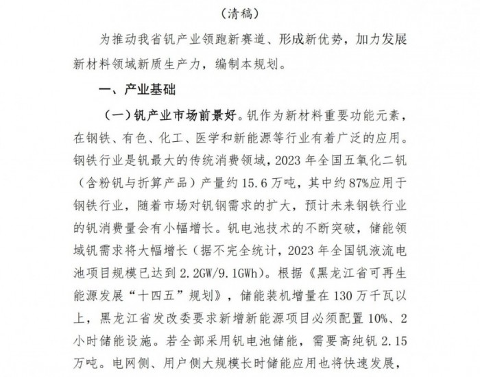 《黑龙江省钒产业发展规划（2024—2030年）（征求