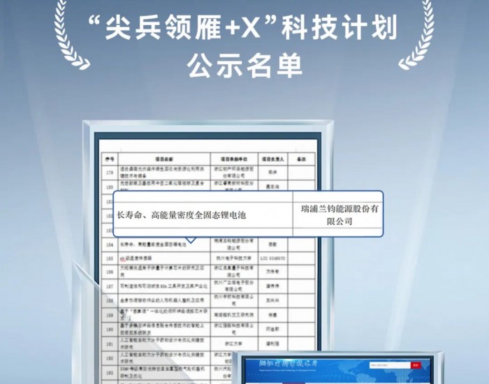 瑞浦兰钧固态电池项目入围浙江省“尖兵领雁+X”科