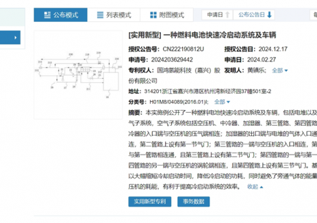 国鸿氢能获得氢燃料电池专利