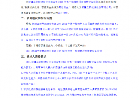 招标2GWh！新疆立新能源2025年第一批储能设备采购