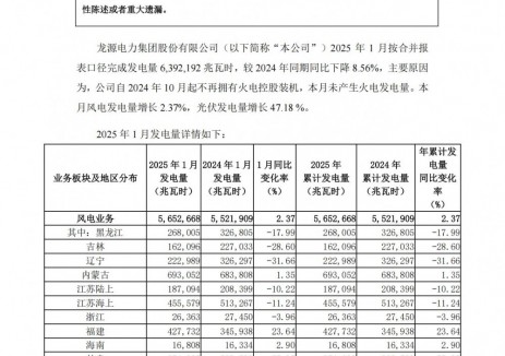 龙源电力：2025年1月光伏发电量同比增长47.18%