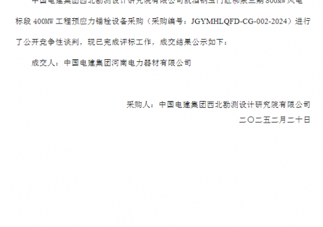 中标 | 中国电建集团河南电力器材有限公司中标甘肃400MW工程预应力锚栓采购项目