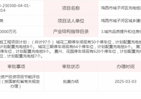 黑龙江鸡西市城子河区充电桩加装项目获备案