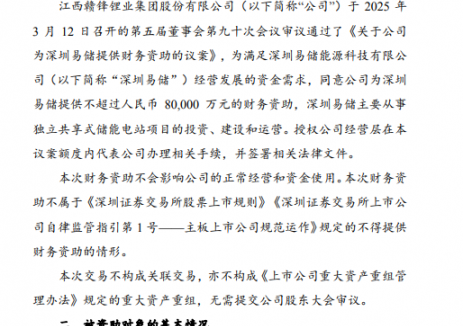 赣锋锂业：对深圳易储提供8000万元财务资助